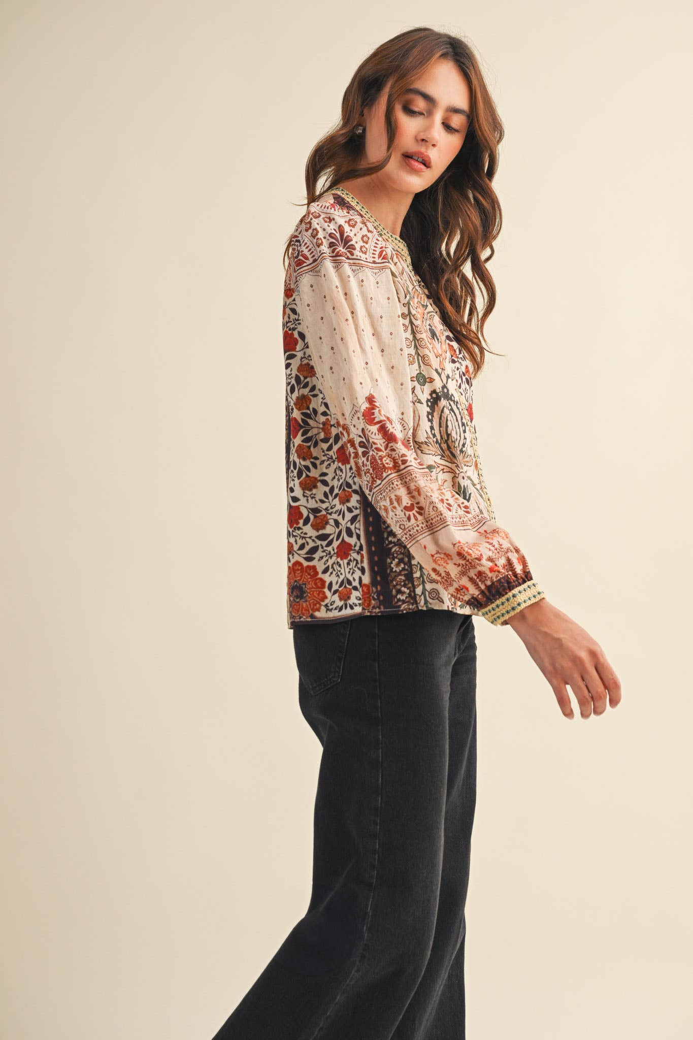 PATCHWORK PRINT CROCHET TRIM BUTTON DOWN TOP MTP4382