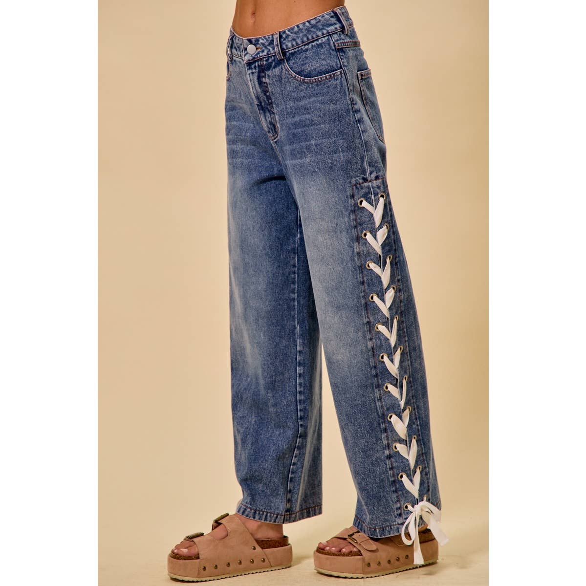 MID RISE STRAIGHT LEG DENIM SIDE LACE UP JEANS