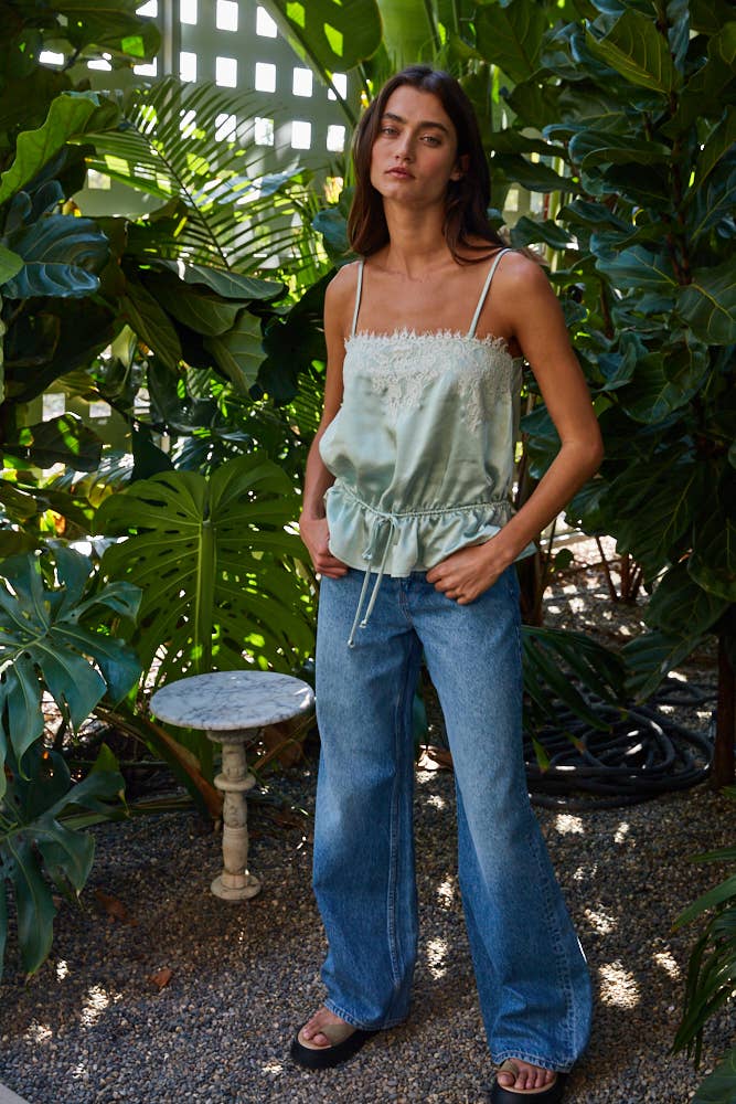 Dusty Mint Woven Polyester Spandex Satin Sleeveless Peplum Top