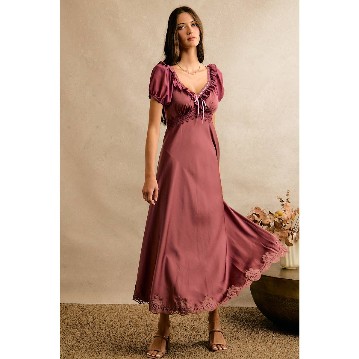 V NECK RUFFLE SLIP SATIN MAXI DRESS