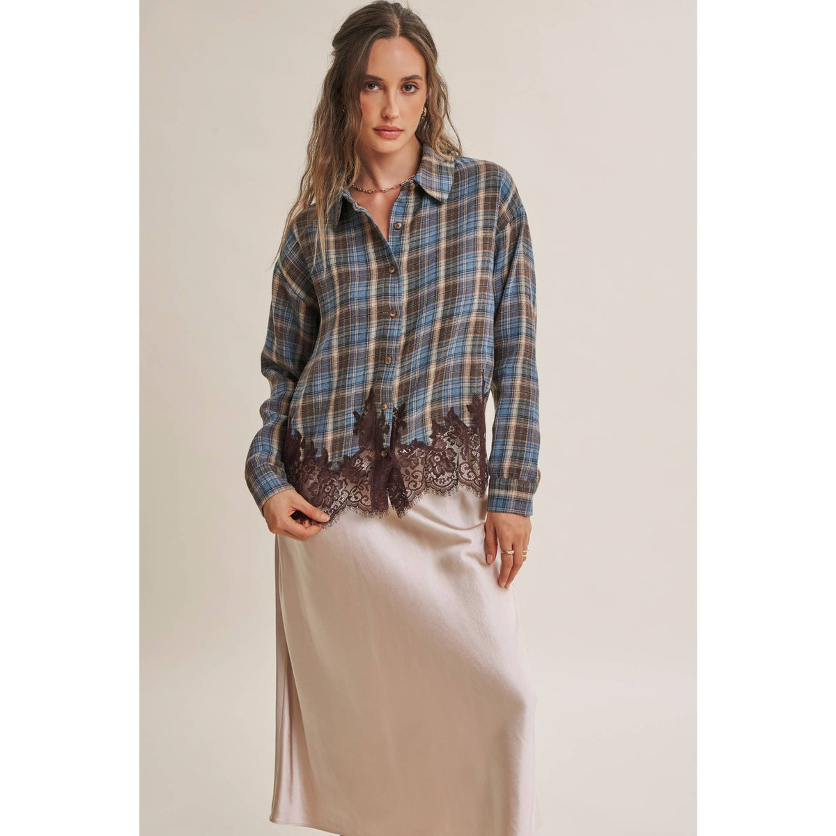 WESTERN ROMANTIC PLAID EYELASH LACE HEM BUTTON-DOWN SHIRT
