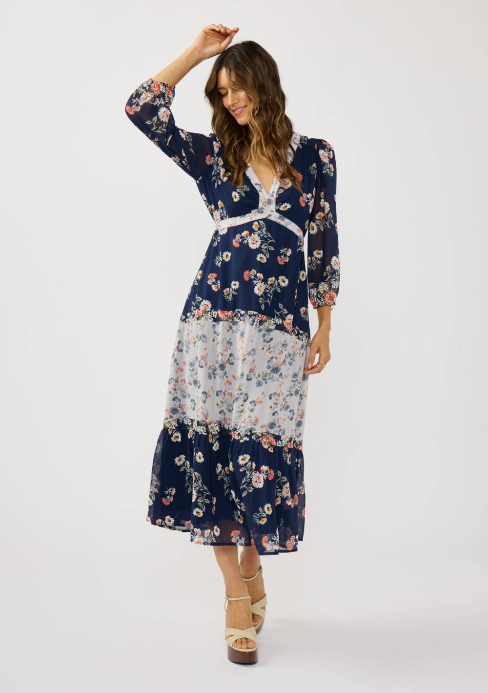 navy blue floral maxi dress Waikiki very fitted at natural waist Kamila Tulle Maxi Dress |