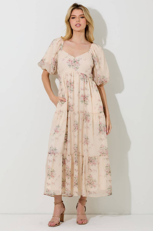 Cream & Blush Floral Lurex Print Puff Sleeve Midi Dress
