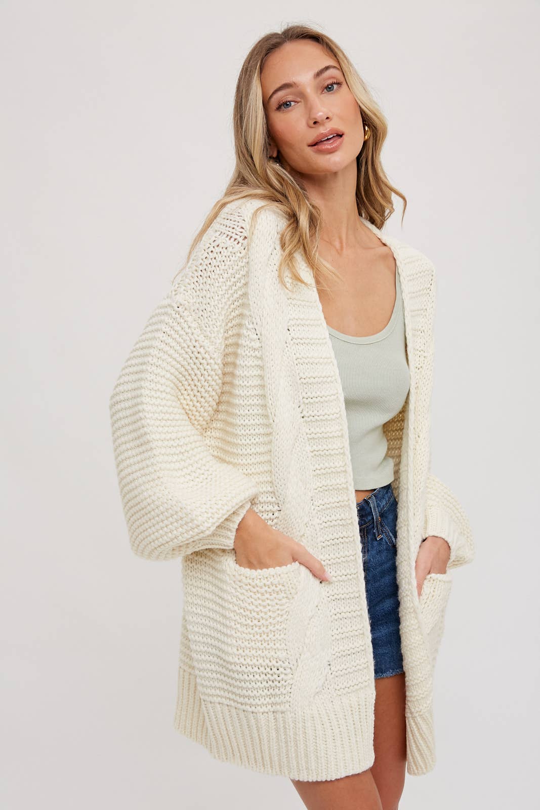 Ivory Chunky Cable Lantern Sleeve Cardigan