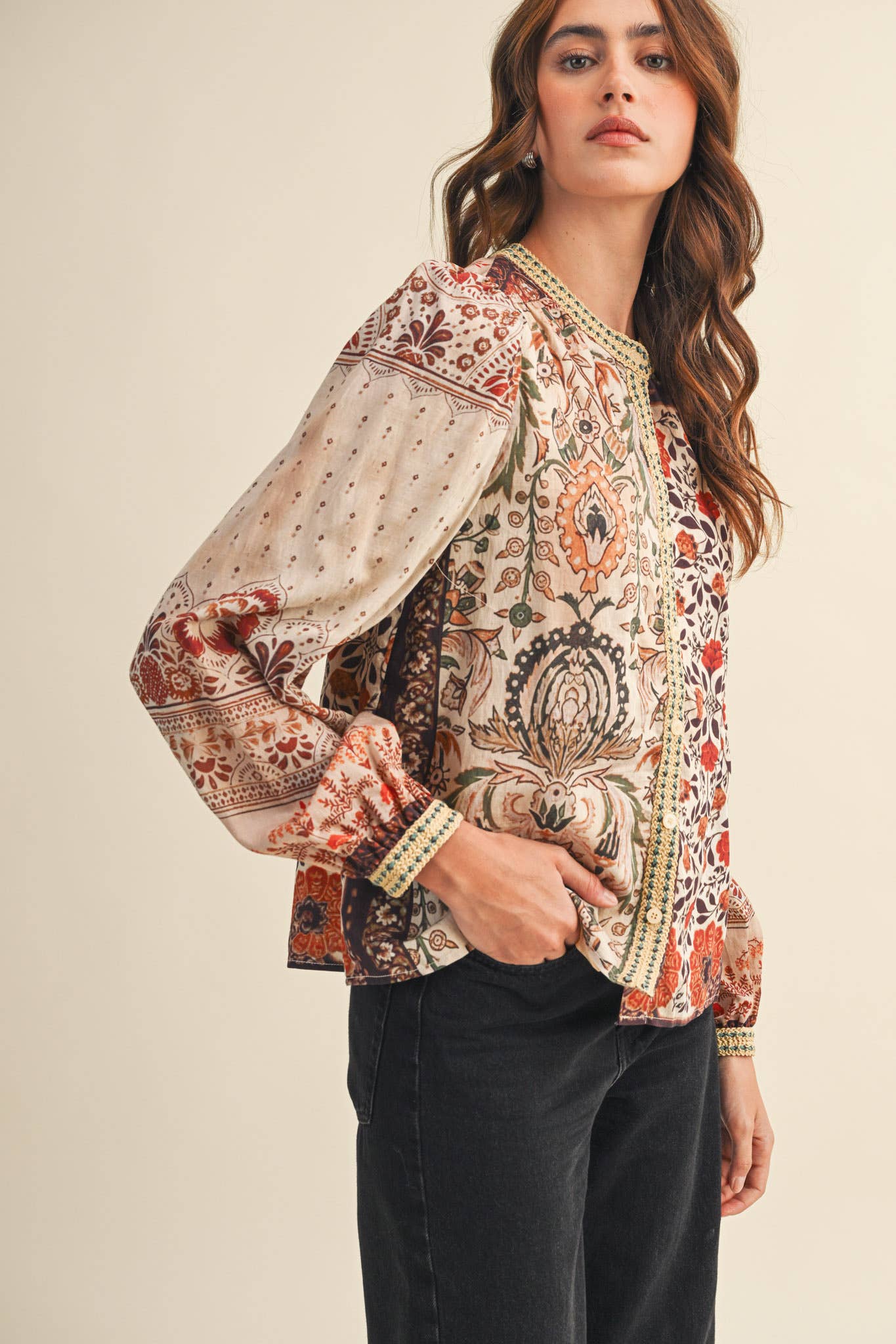 PATCHWORK PRINT CROCHET TRIM BUTTON DOWN TOP MTP4382