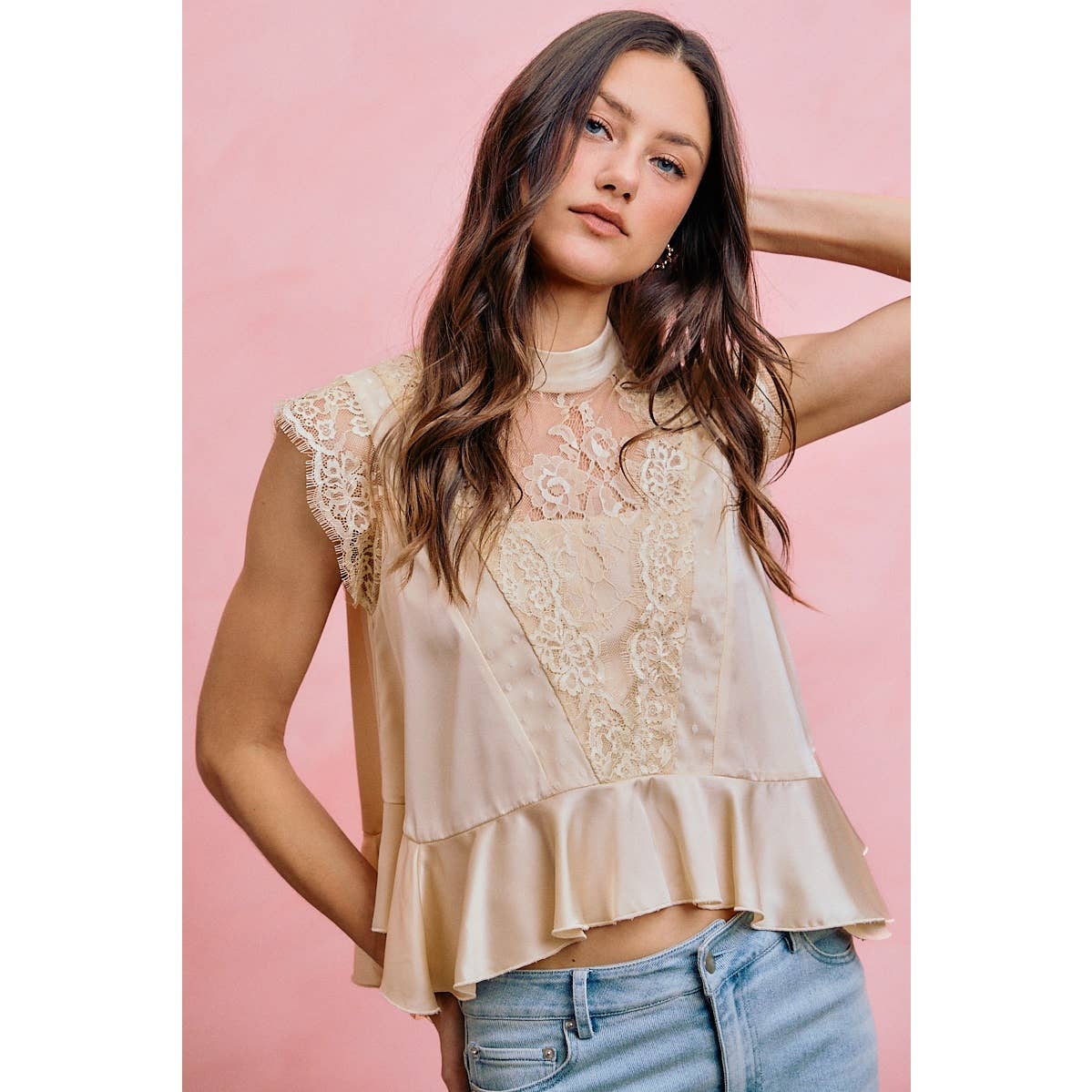 SATIN MOCK NECK LACE TRIM PEPLUM BLOUSE TOP: CREAM / S