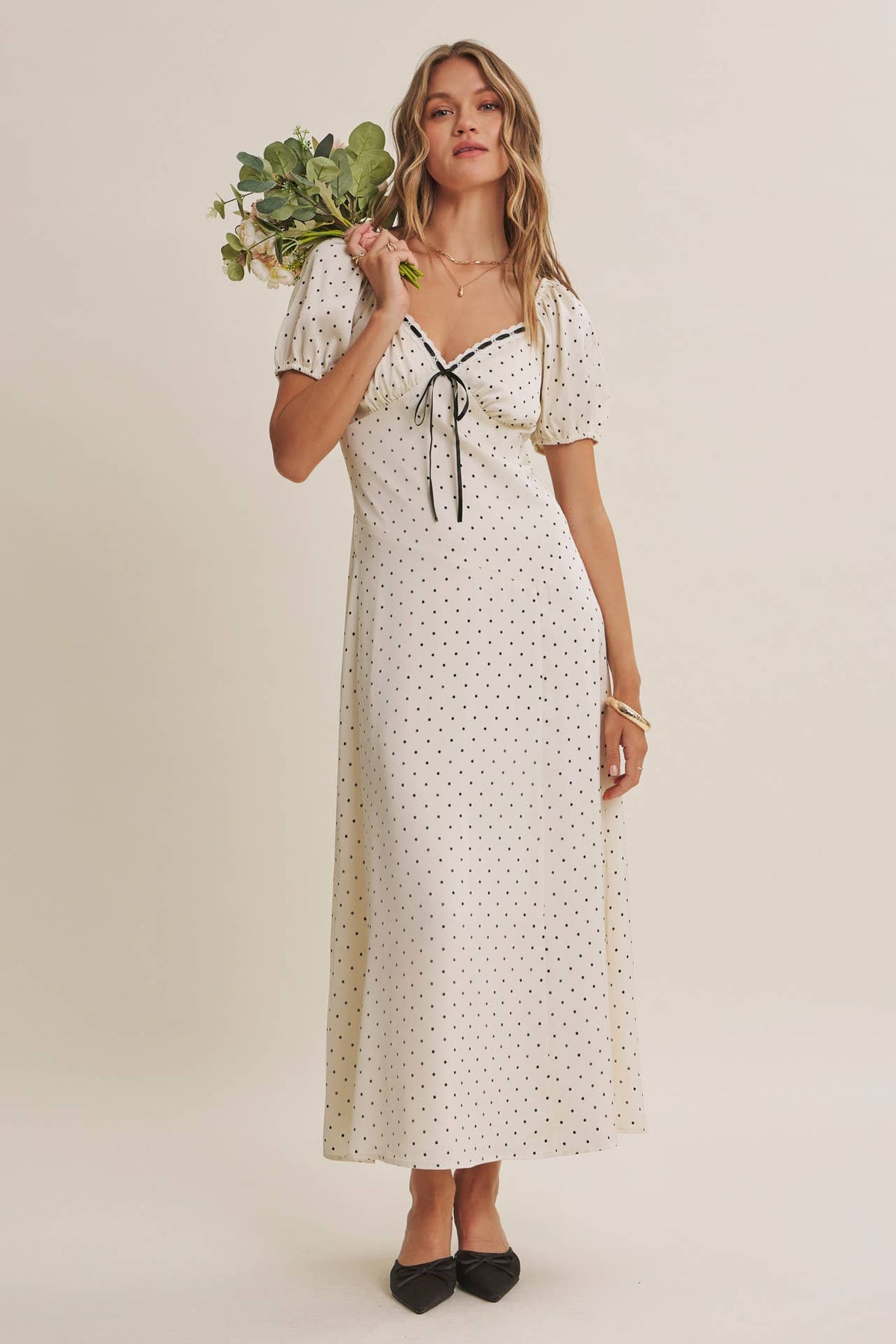 Vintage Paris Flowy Fit & Flare Polka Dot Satin Midi Dress-Ivory/Black