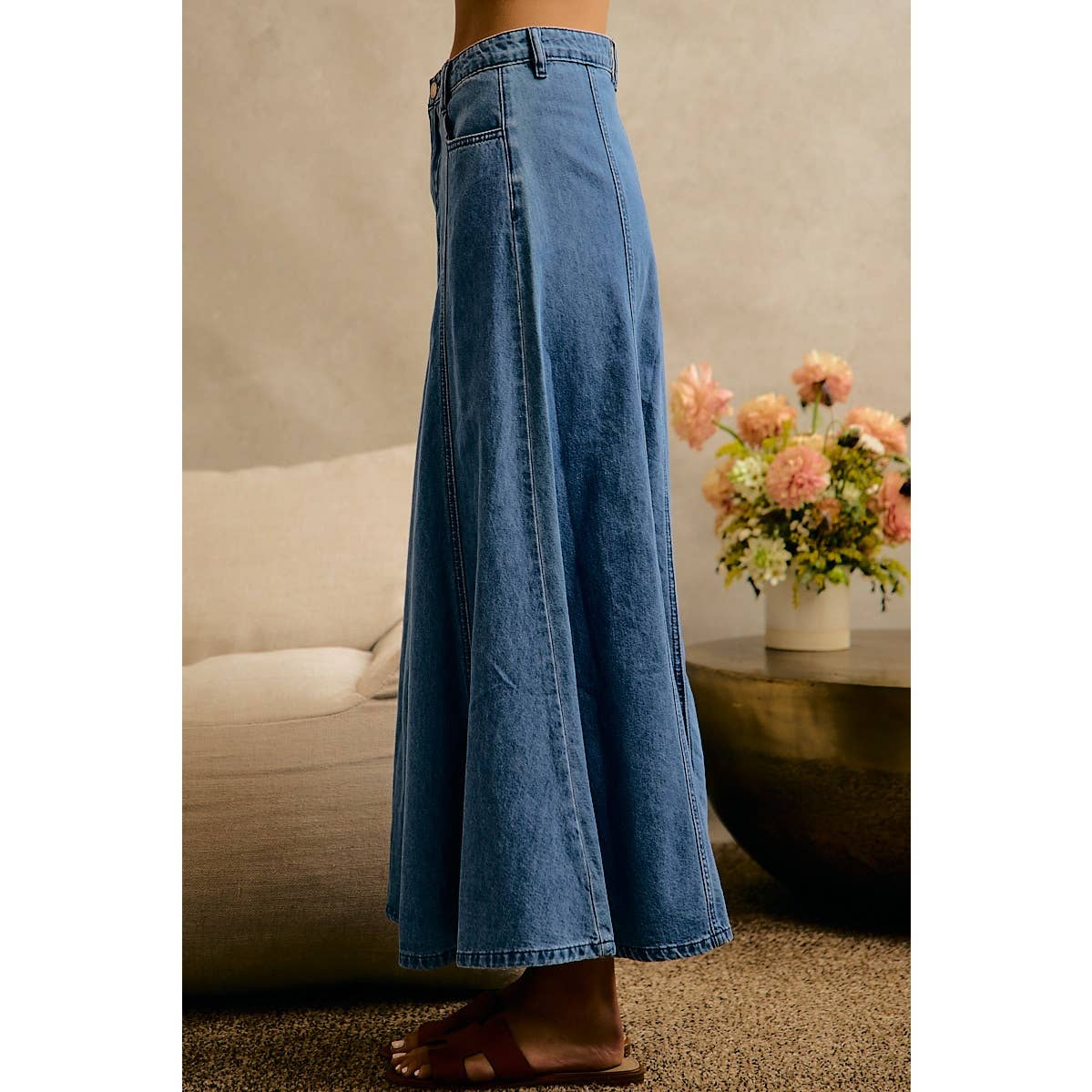 PLEATED DENIM WASHED WIDE FLOWY FIT MAXI SKIRT