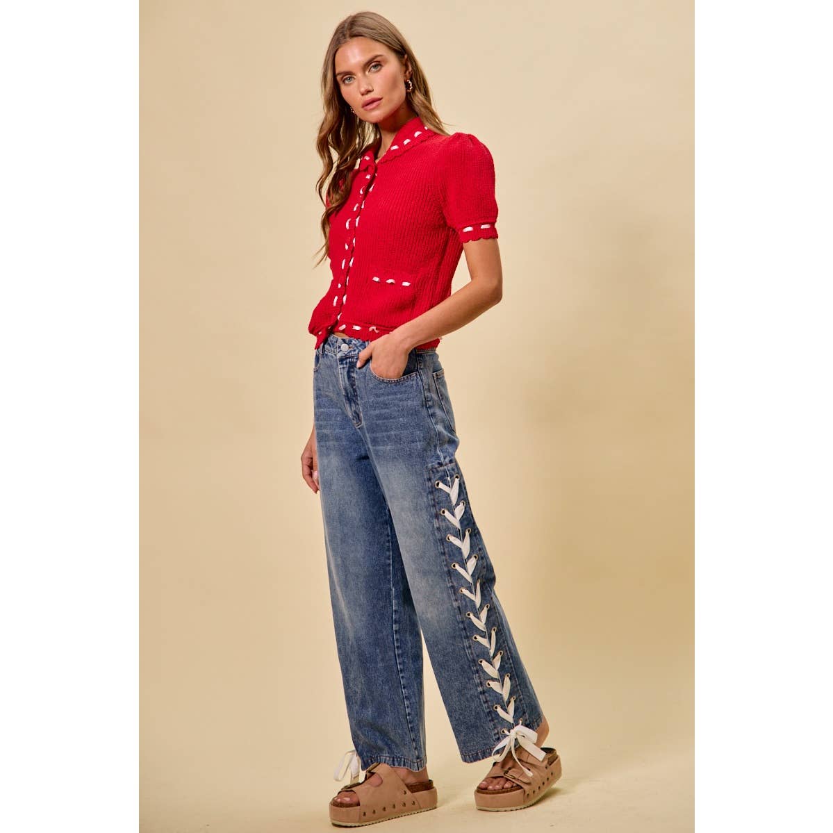MID RISE STRAIGHT LEG DENIM SIDE LACE UP JEANS