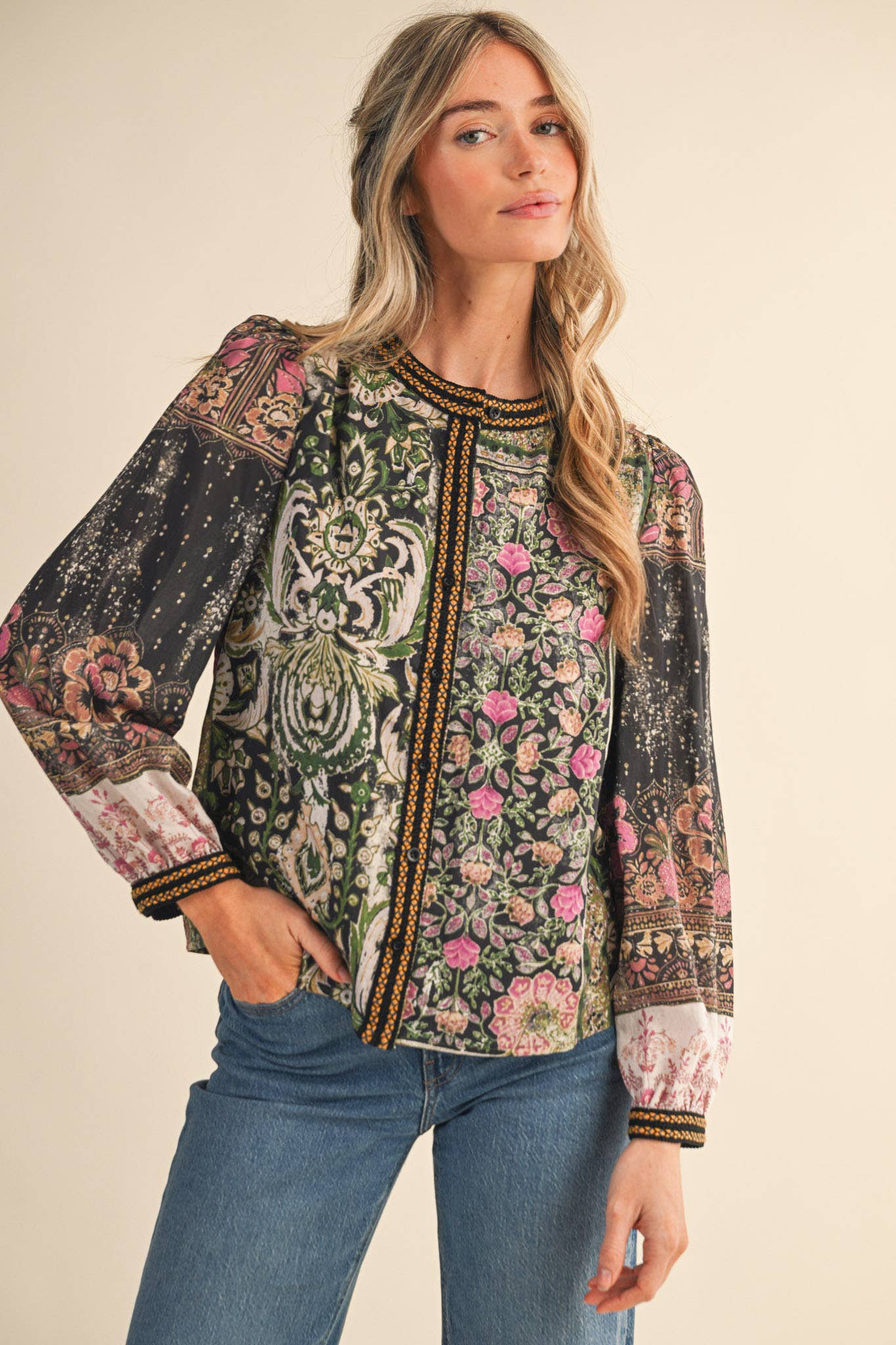 PATCHWORK PRINT CROCHET TRIM BUTTON DOWN TOP MTP4382