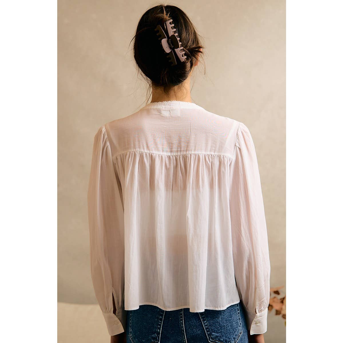 PLEATED LACE TRIM BUTTON-UP BLOUSE
