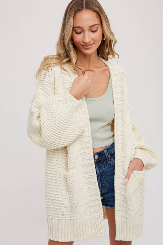 Ivory Chunky Cable Lantern Sleeve Cardigan