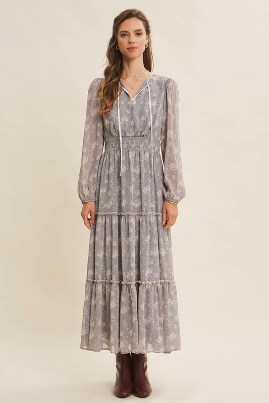 Dusty Blue & Cream with contrast Midi Dress