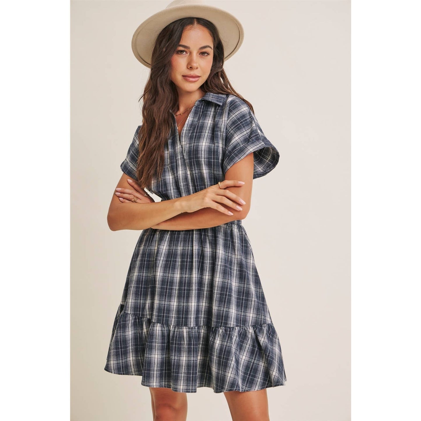 AUTUMN PICNIC DROP SHOULDER PLAID SMOCKED WAIST MINI DRESS