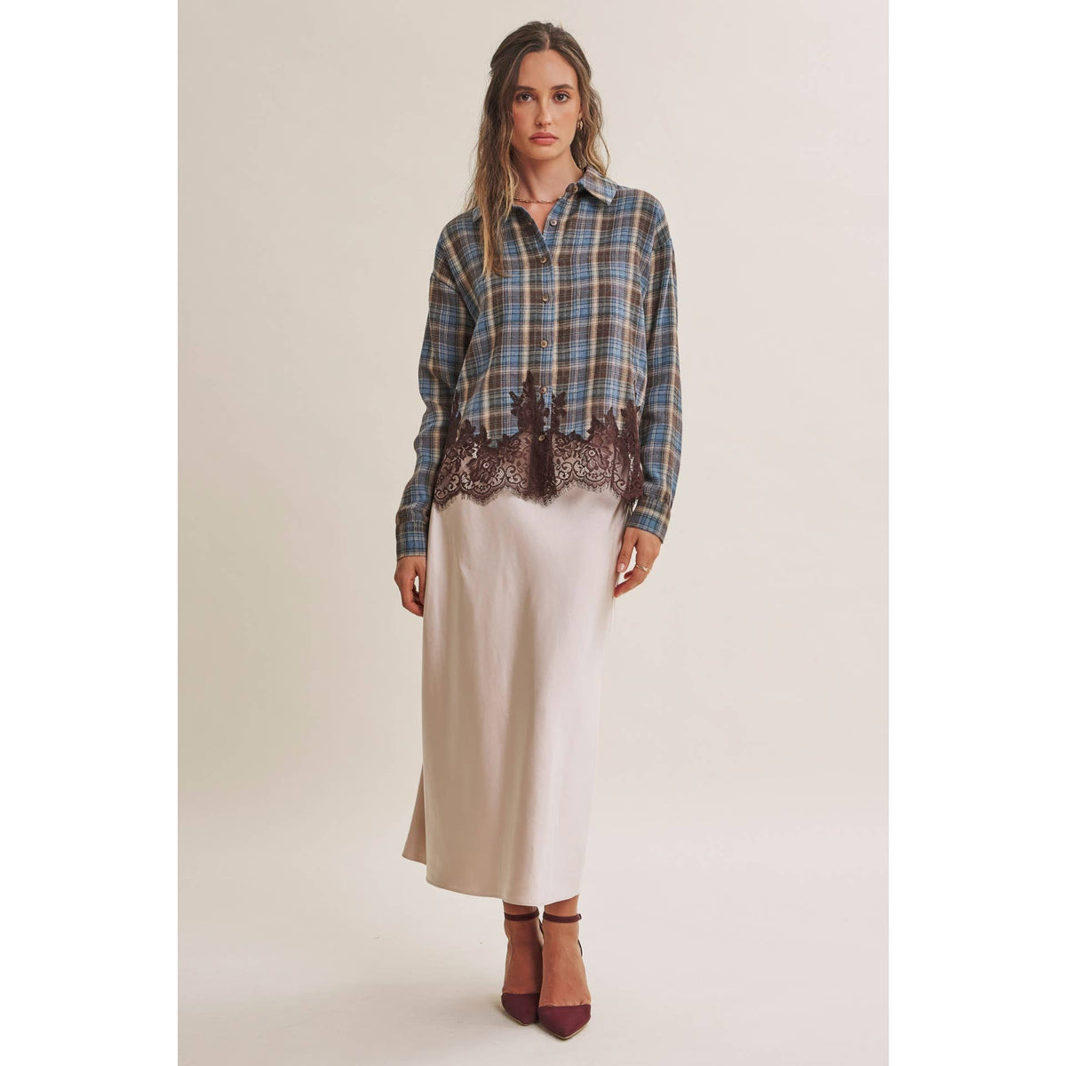 WESTERN ROMANTIC PLAID EYELASH LACE HEM BUTTON-DOWN SHIRT