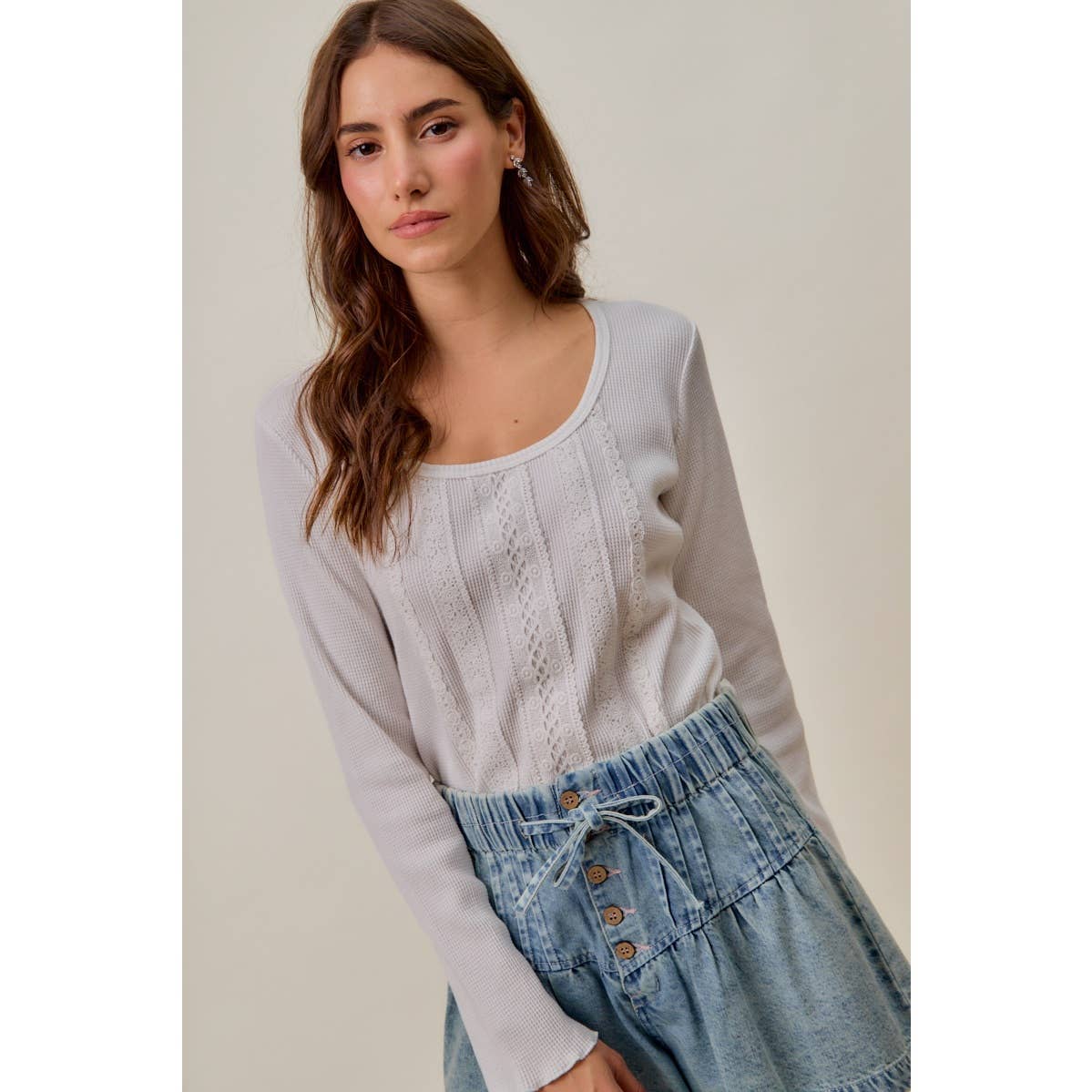 VINTAGE WASHED LACE CROP THERMAL WASHED KNIT TOP