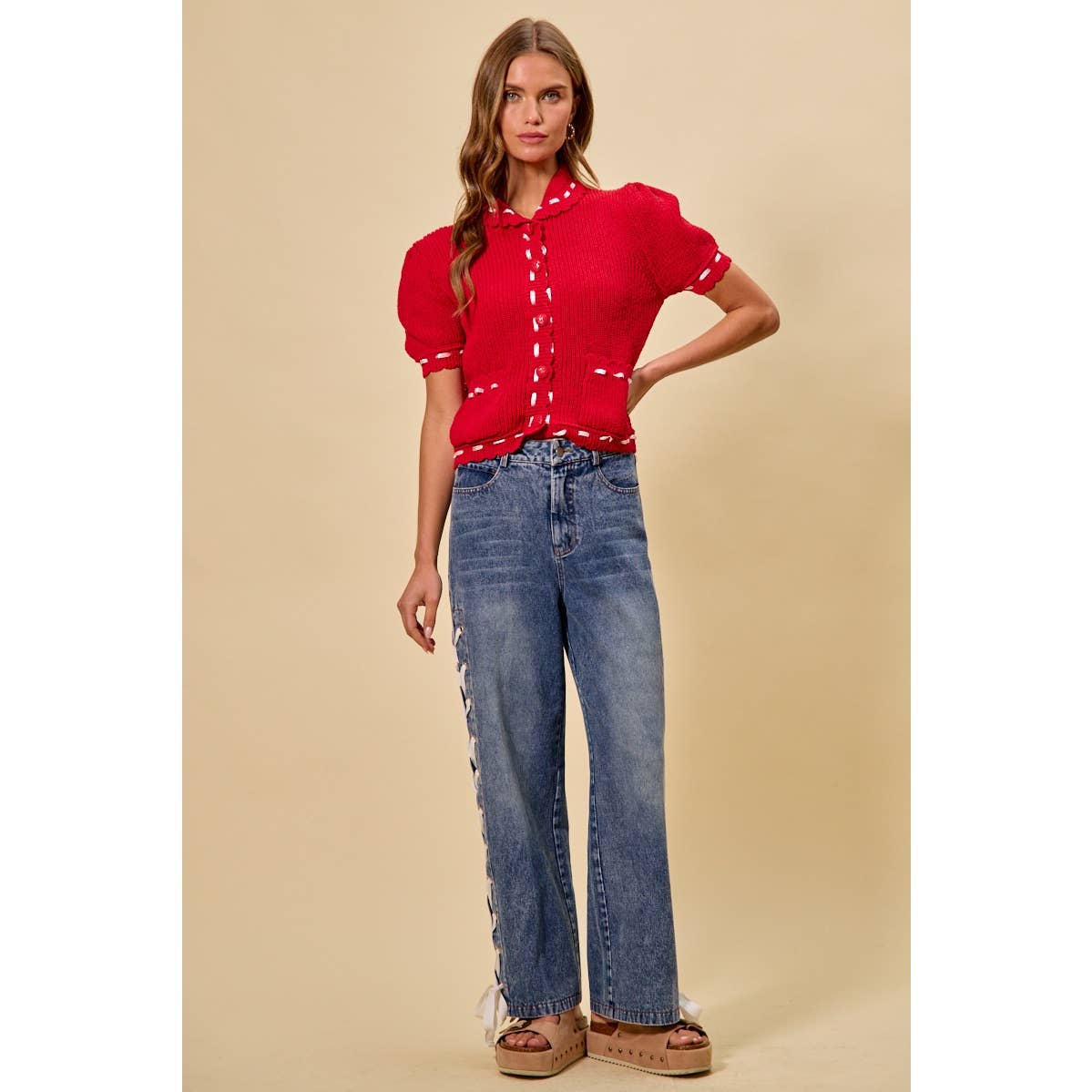 MID RISE STRAIGHT LEG DENIM SIDE LACE UP JEANS