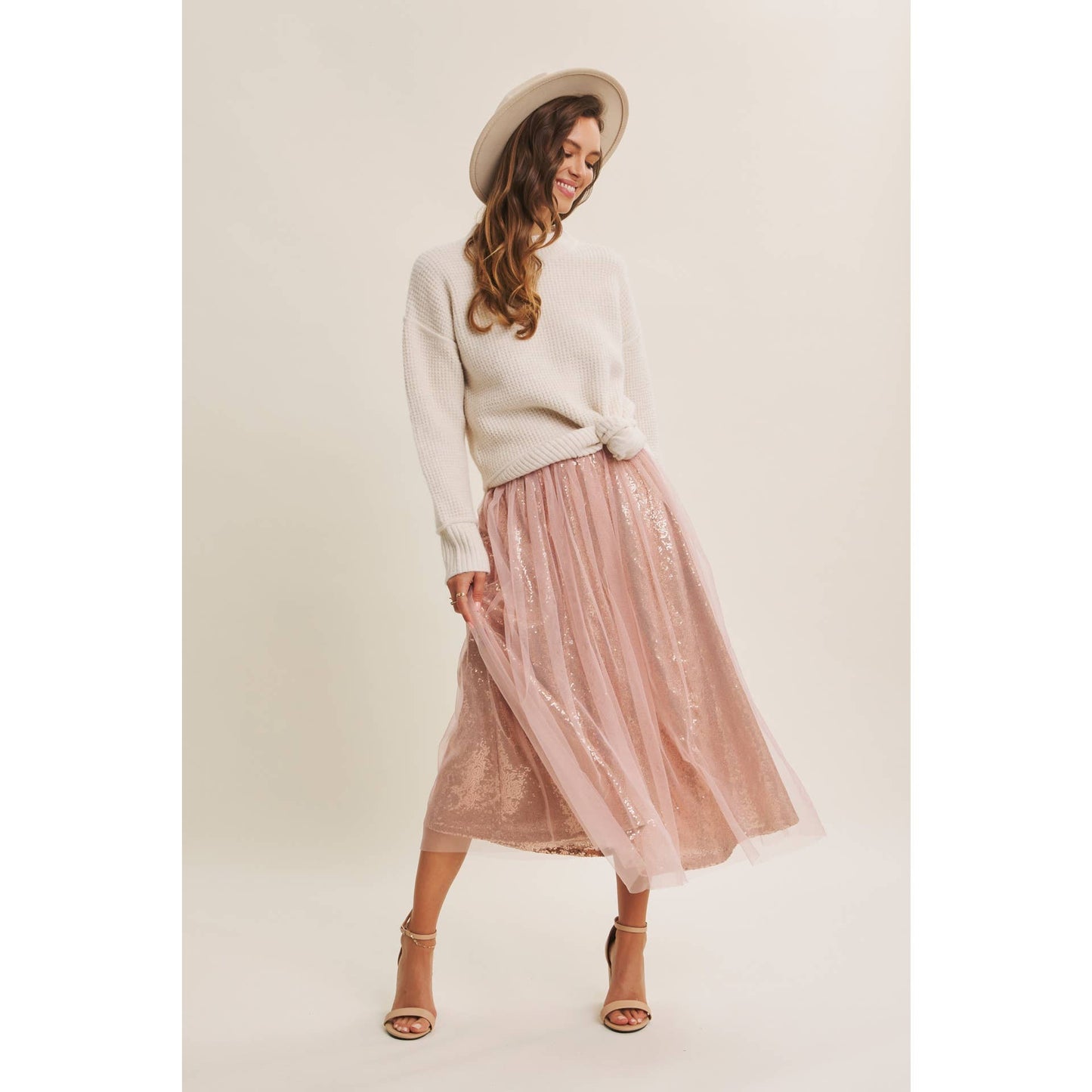Dance the Night Away Blush Sequin Tulle Midi Skirt