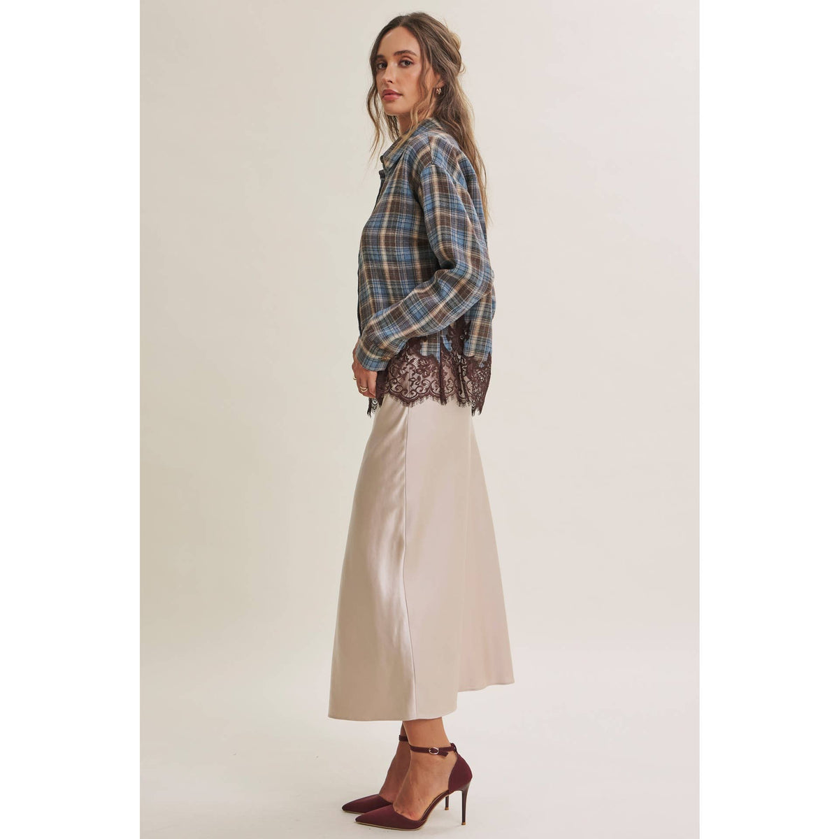 WESTERN ROMANTIC PLAID EYELASH LACE HEM BUTTON-DOWN SHIRT