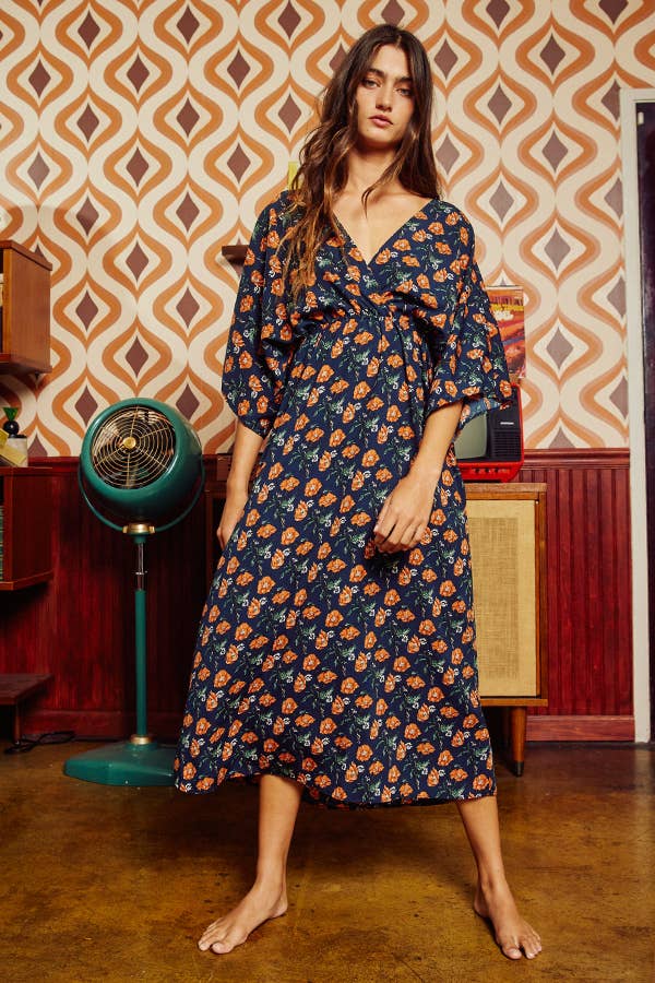 Navy & Rust Floral Printed V-neck Kimono Style Midi Dress