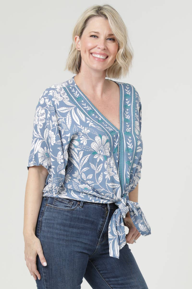 V-neck Blue and Turquoise Floral Tie Waist Top