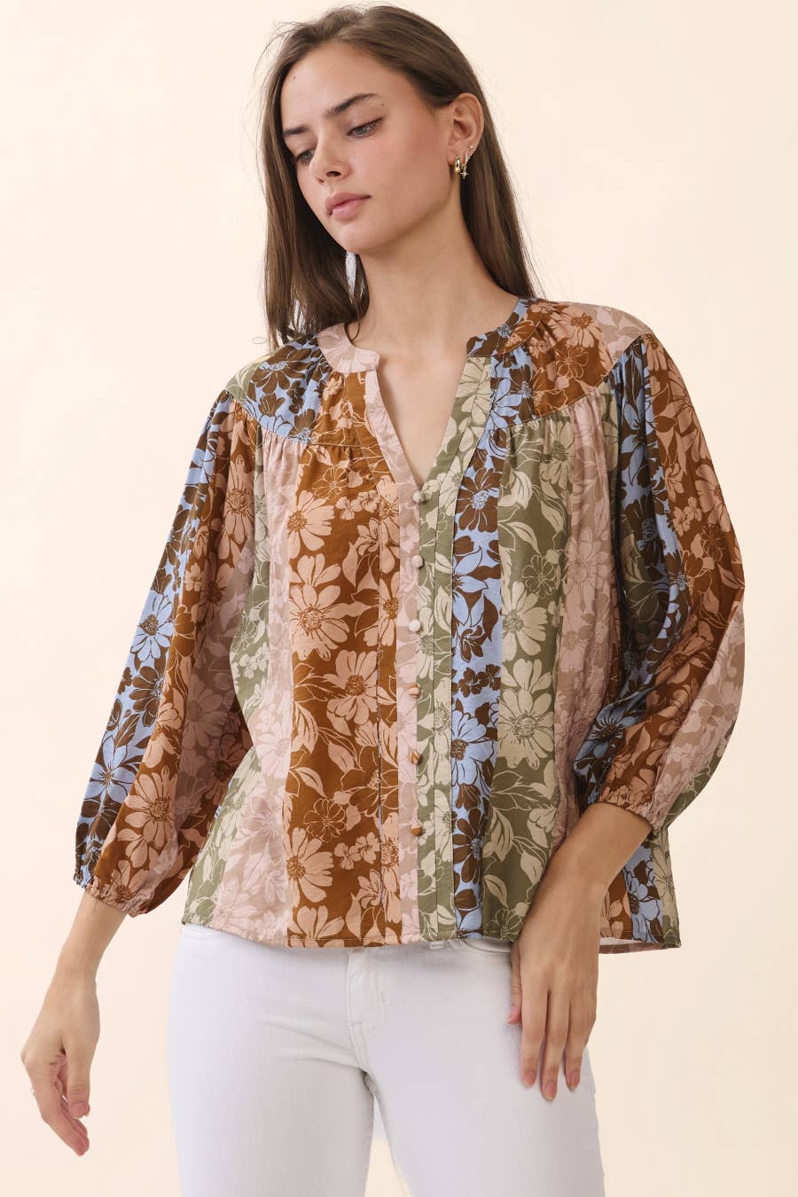 Mixed Floral Patchwork Print Blouse