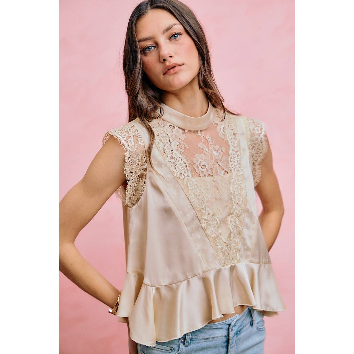 SATIN MOCK NECK LACE TRIM PEPLUM BLOUSE TOP: CREAM / S