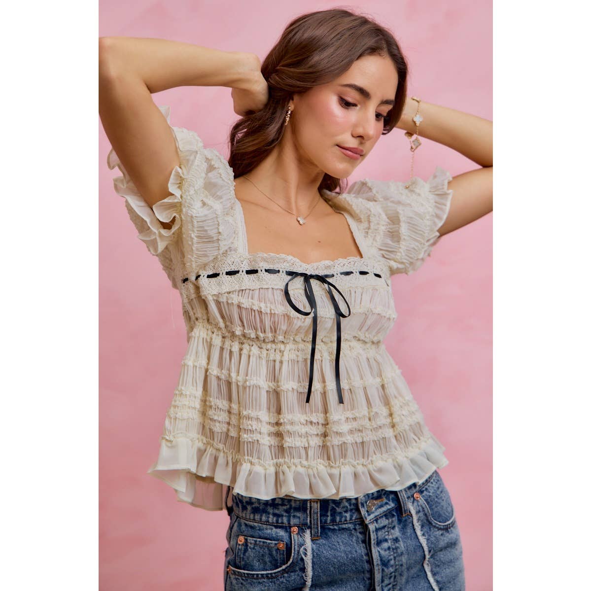 SHIRRED LACE RUFFLE PUFF SLEEVE BLOUSE TOP