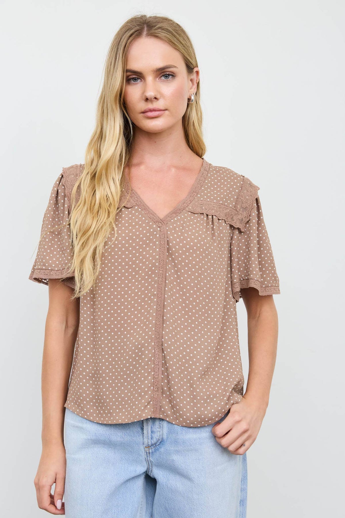 POLKA DOT LACE SQUARE COLLAR SHORT SLEEVE BLOUSE