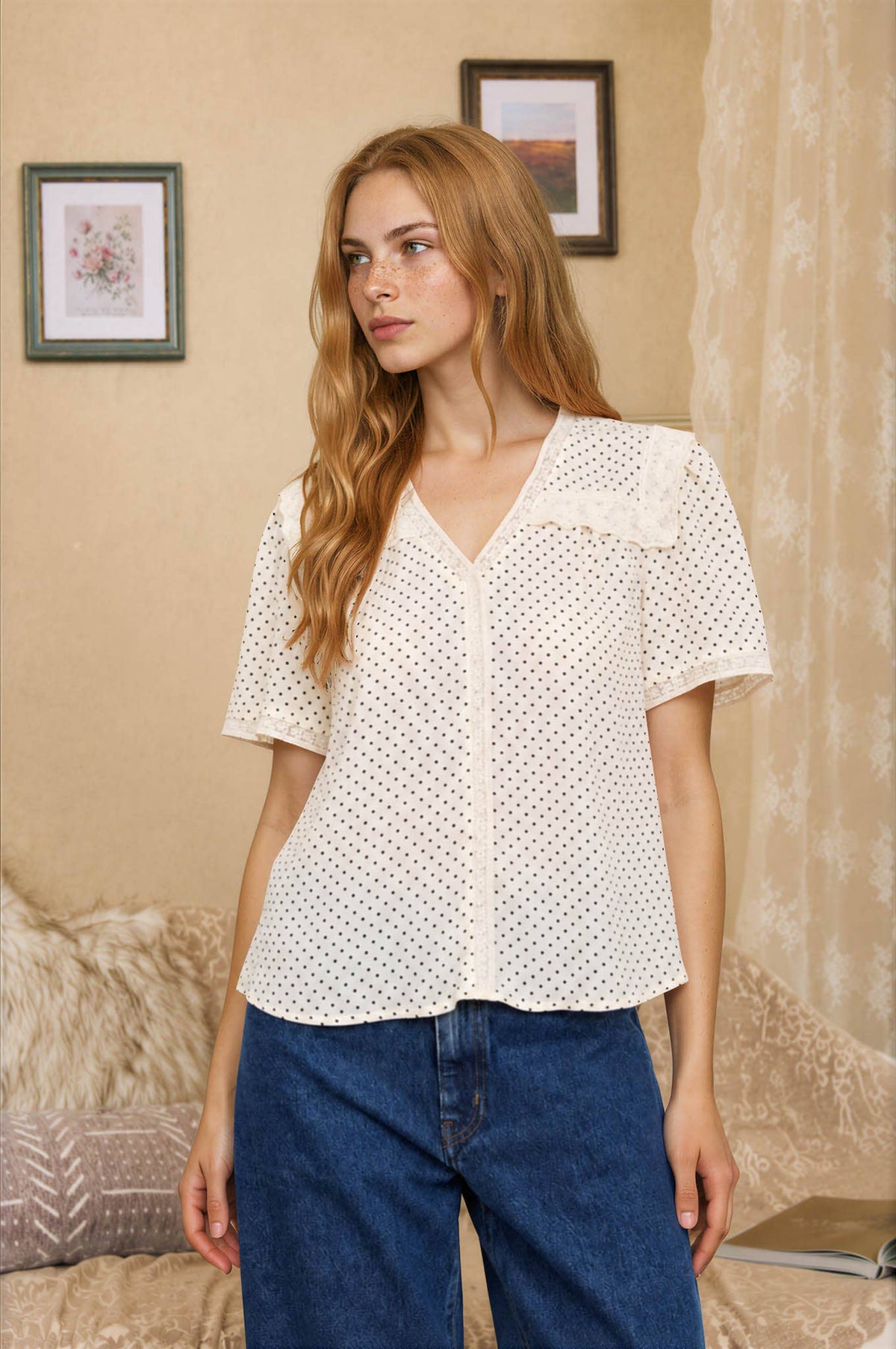 POLKA DOT LACE SQUARE COLLAR SHORT SLEEVE BLOUSE