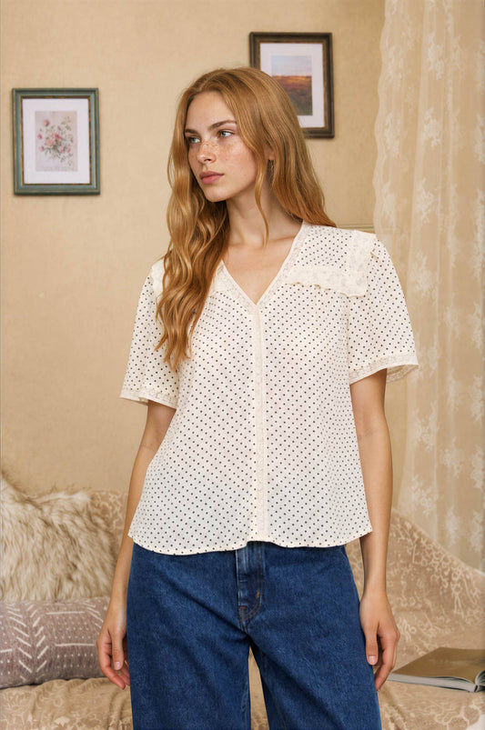 POLKA DOT LACE SQUARE COLLAR SHORT SLEEVE BLOUSE