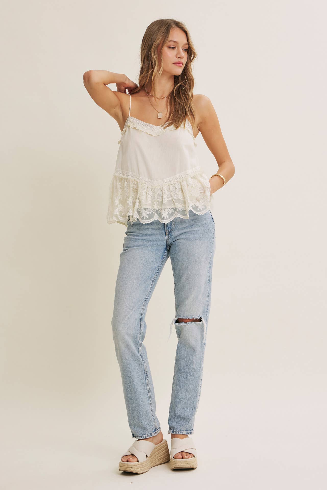 Soft Cotton Flare Camisole with Embroidered Lace