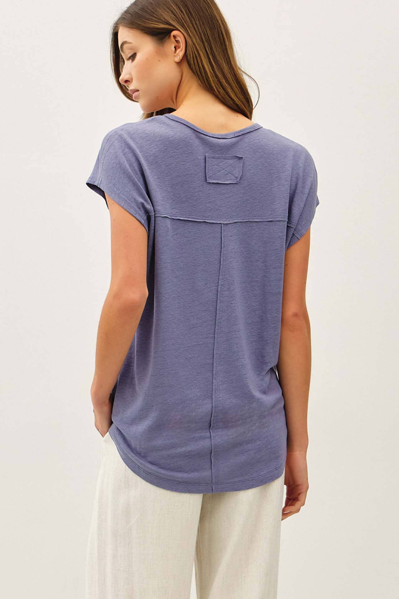 Raw Edge Detail Linen Blend T-Shirt; Ivory, Dusty Blue, Charcoal or Clay