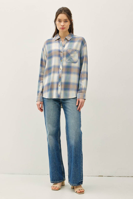 Blue, Taupe and Cream Vintage Plaid Button-Up