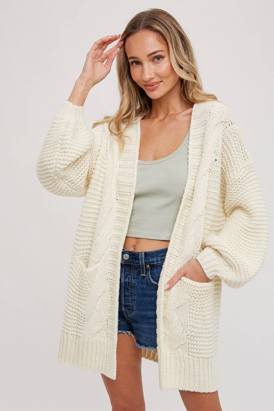 Ivory Chunky Cable Lantern Sleeve Cardigan