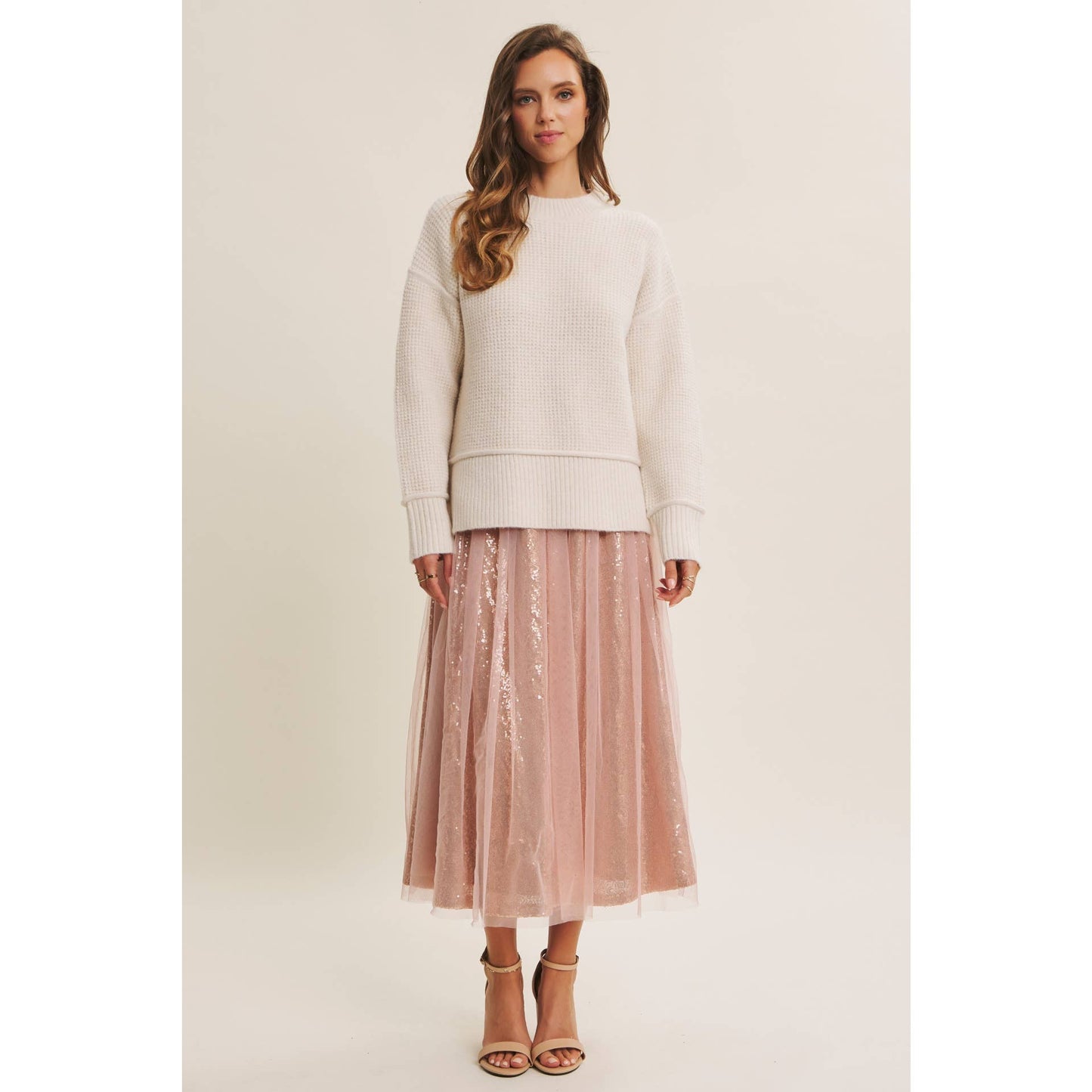 Dance the Night Away Blush Sequin Tulle Midi Skirt