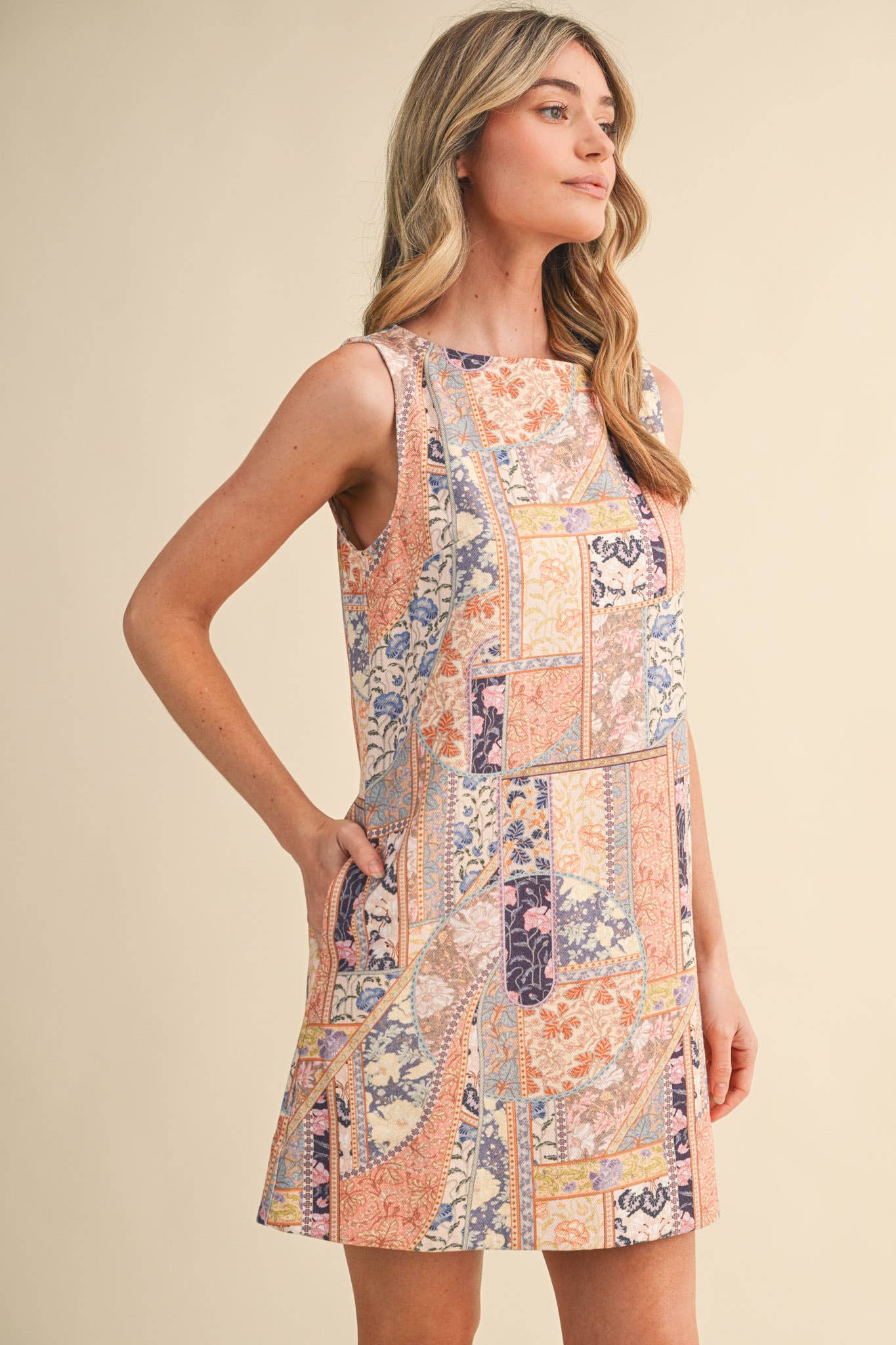 PATCHWORK PRINT DENIM SHIFT MINI DRESS MDR4743