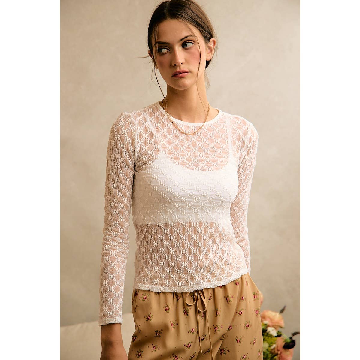 ROMANTIC FLORAL STRETCH LACE LONG SLEEVE TOP