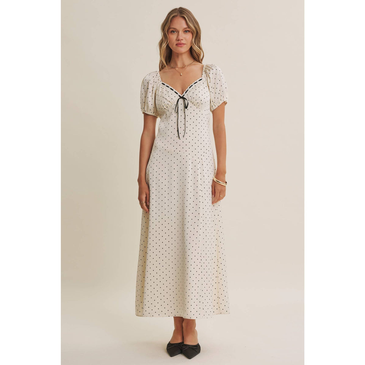 Vintage Paris Flowy Fit & Flare Polka Dot Satin Midi Dress-Ivory/Black