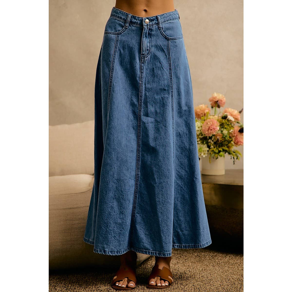 PLEATED DENIM WASHED WIDE FLOWY FIT MAXI SKIRT