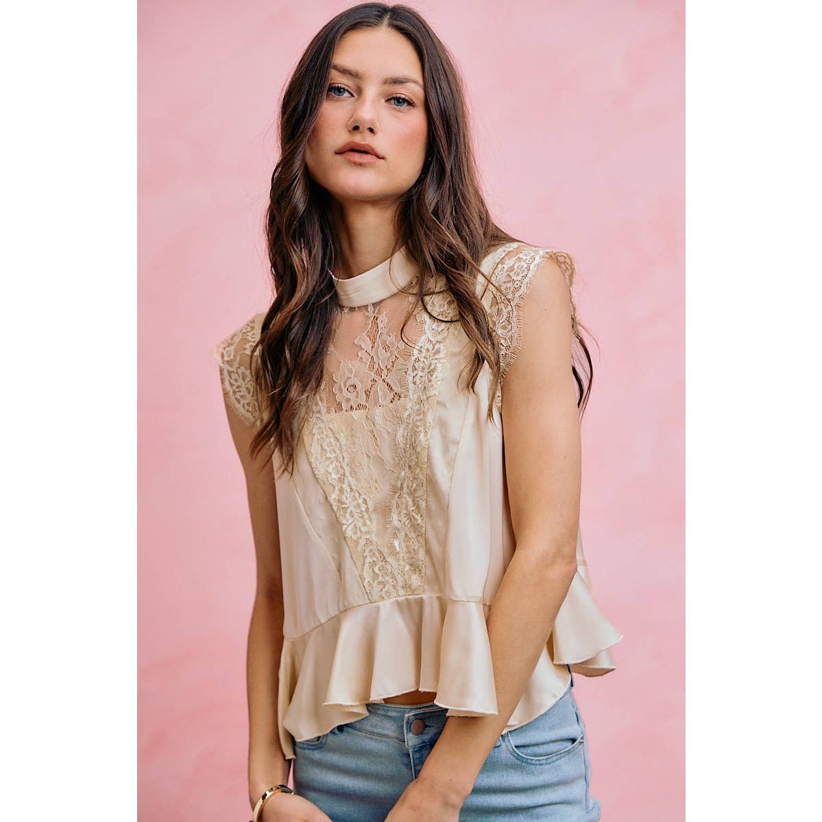 SATIN MOCK NECK LACE TRIM PEPLUM BLOUSE TOP: CREAM / S