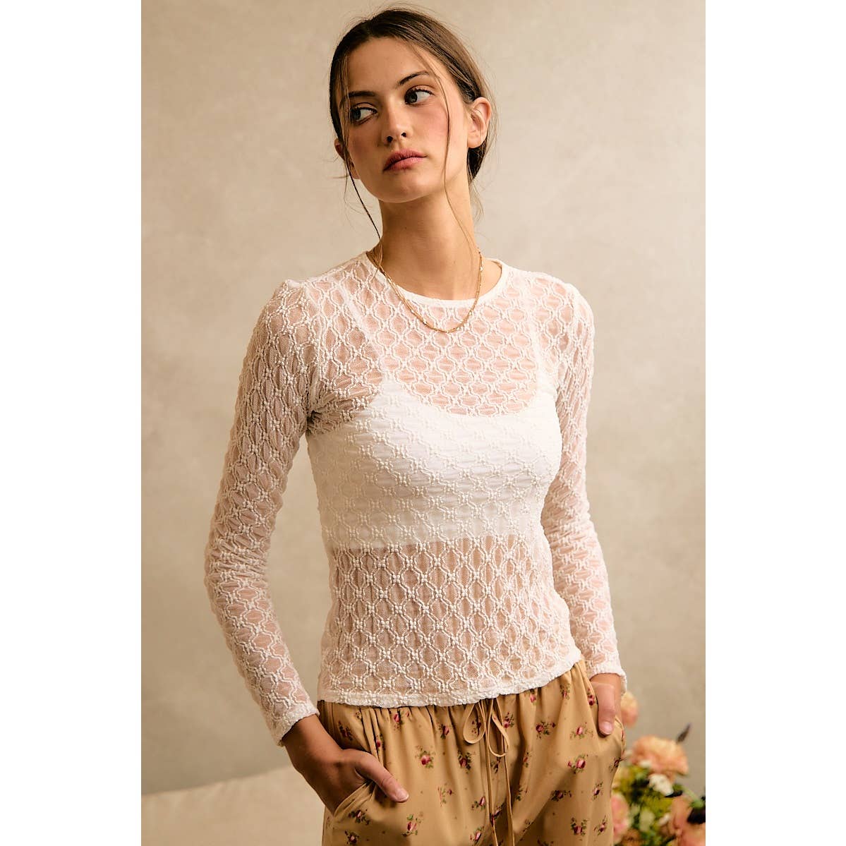 ROMANTIC FLORAL STRETCH LACE LONG SLEEVE TOP