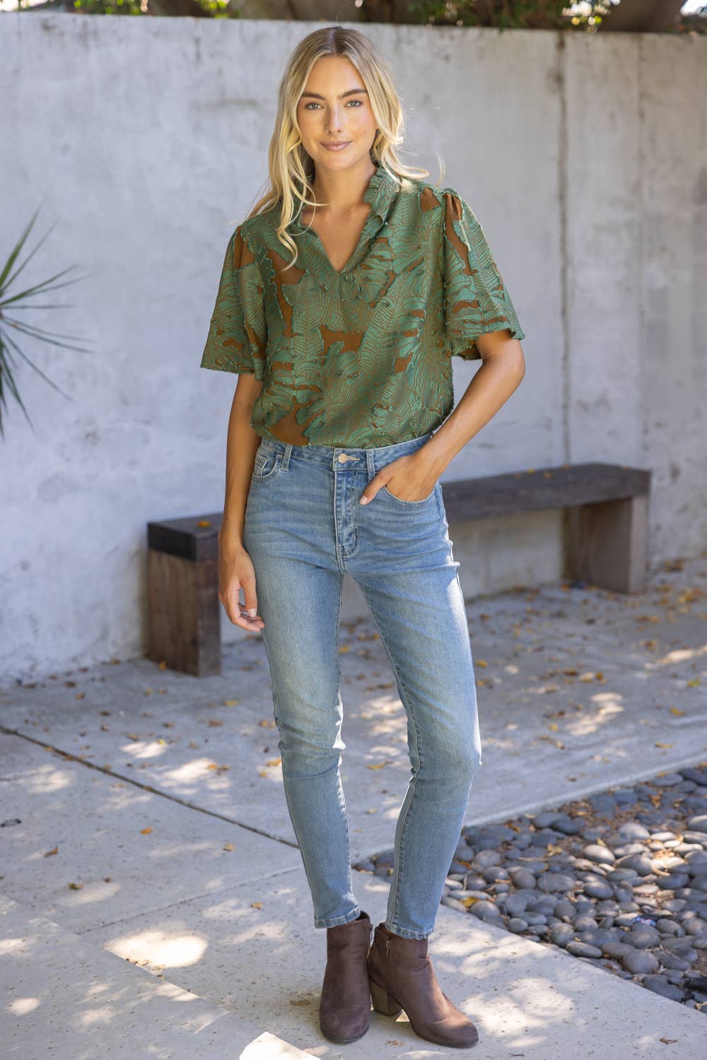 Emerald and Brown Ruffled V-Neck Floral Burnout Top