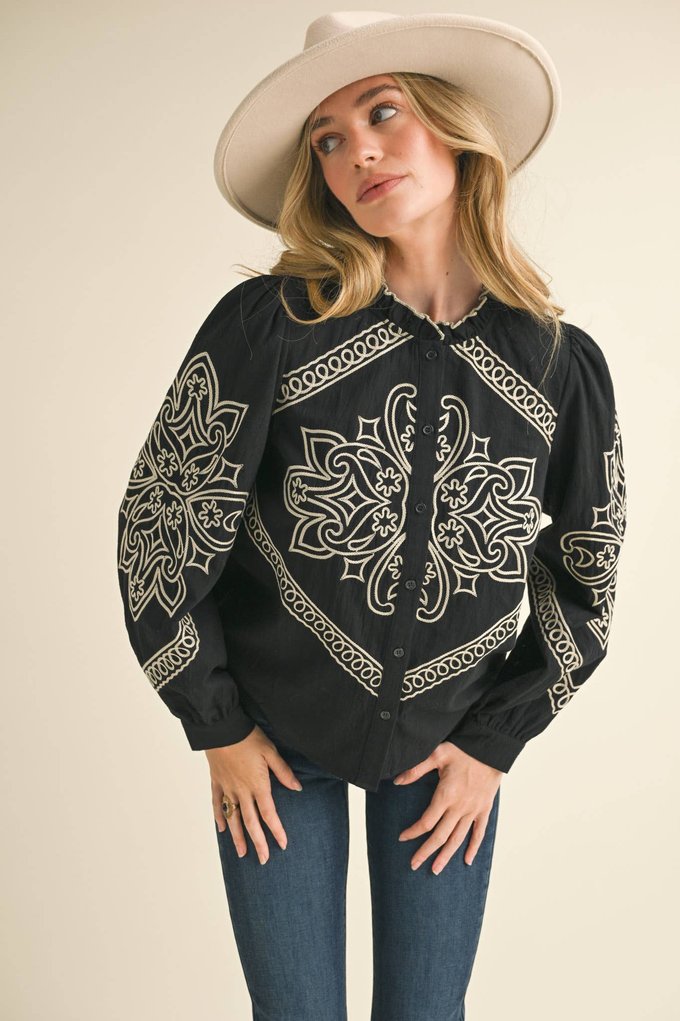 EMBROIDERED MOCK NECK BUTTON UP TOP MTP3336