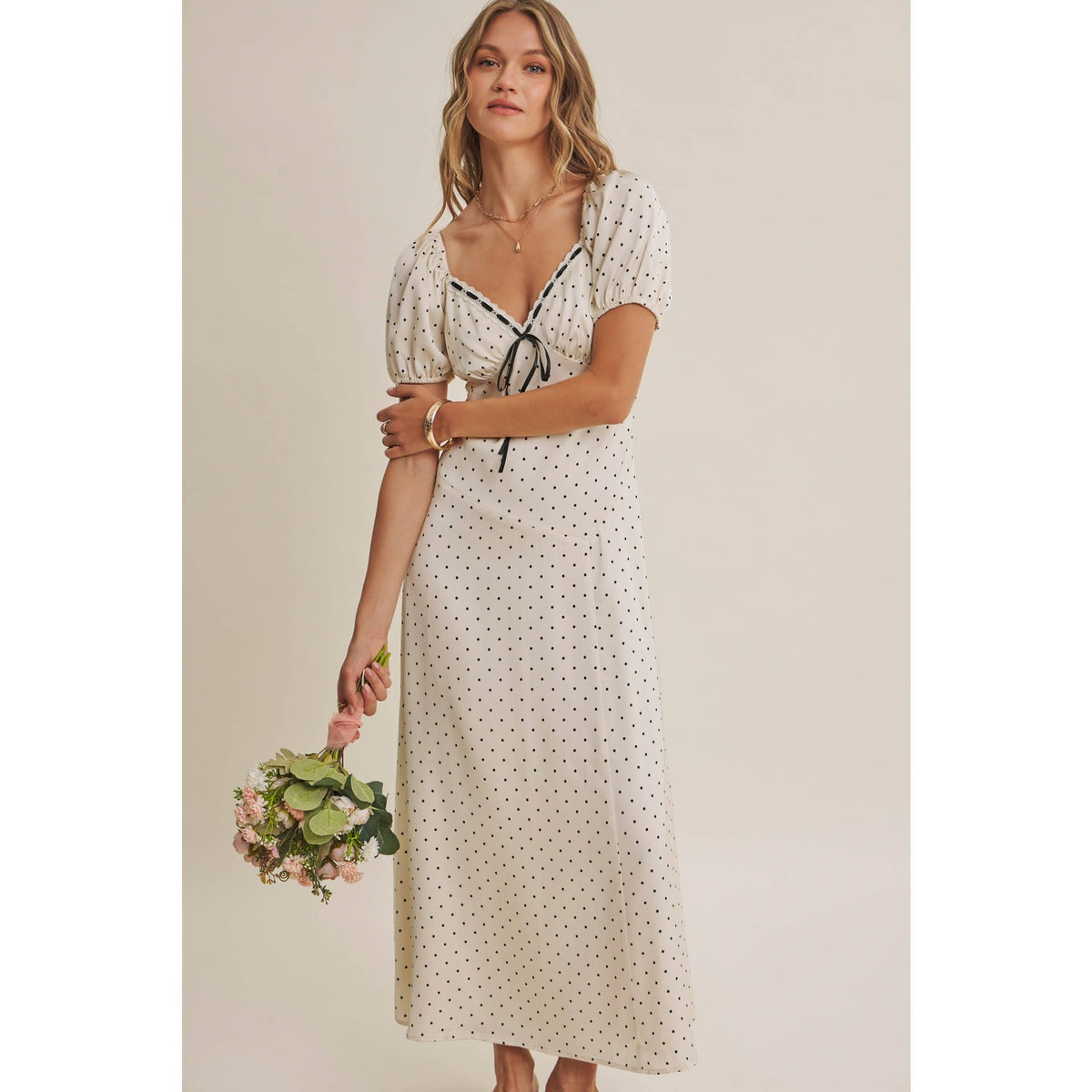 Vintage Paris Flowy Fit & Flare Polka Dot Satin Midi Dress-Ivory/Black
