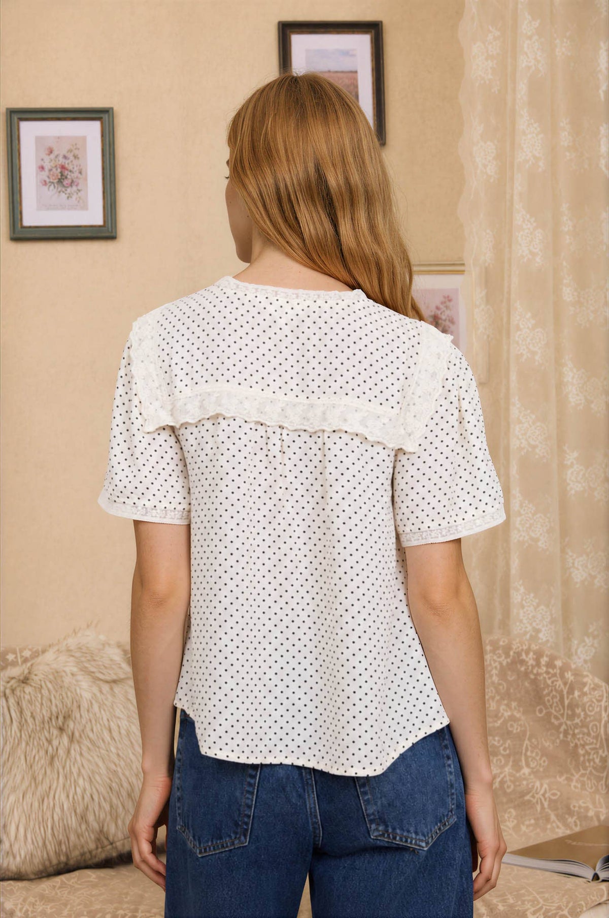 POLKA DOT LACE SQUARE COLLAR SHORT SLEEVE BLOUSE