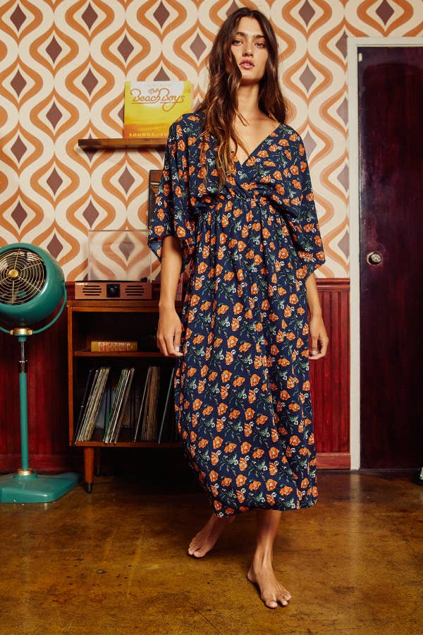Navy & Rust Floral Printed V-neck Kimono Style Midi Dress