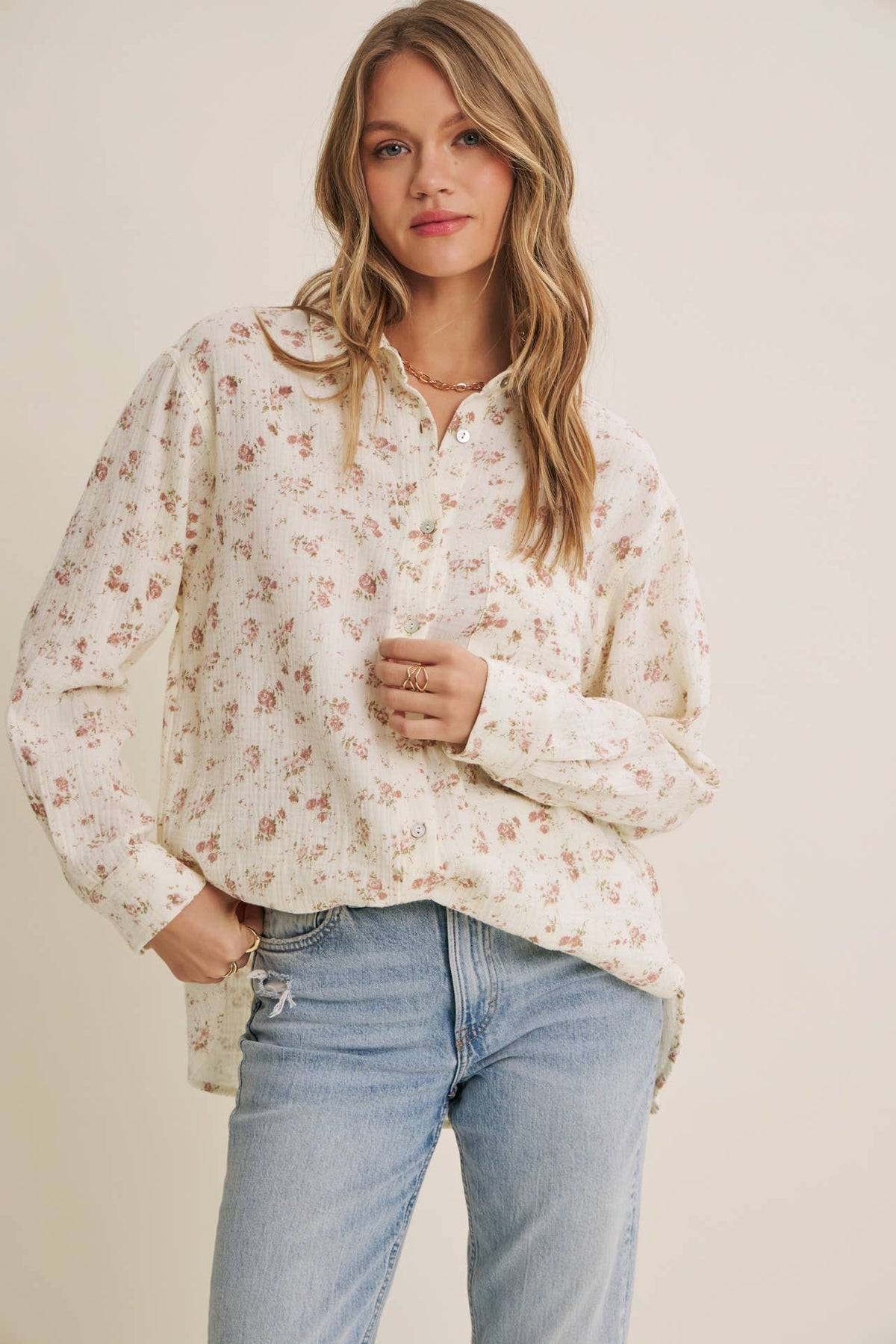 SOFT BREEZE FLORAL COTTON GAUZE RELAXED FIT SHIRT