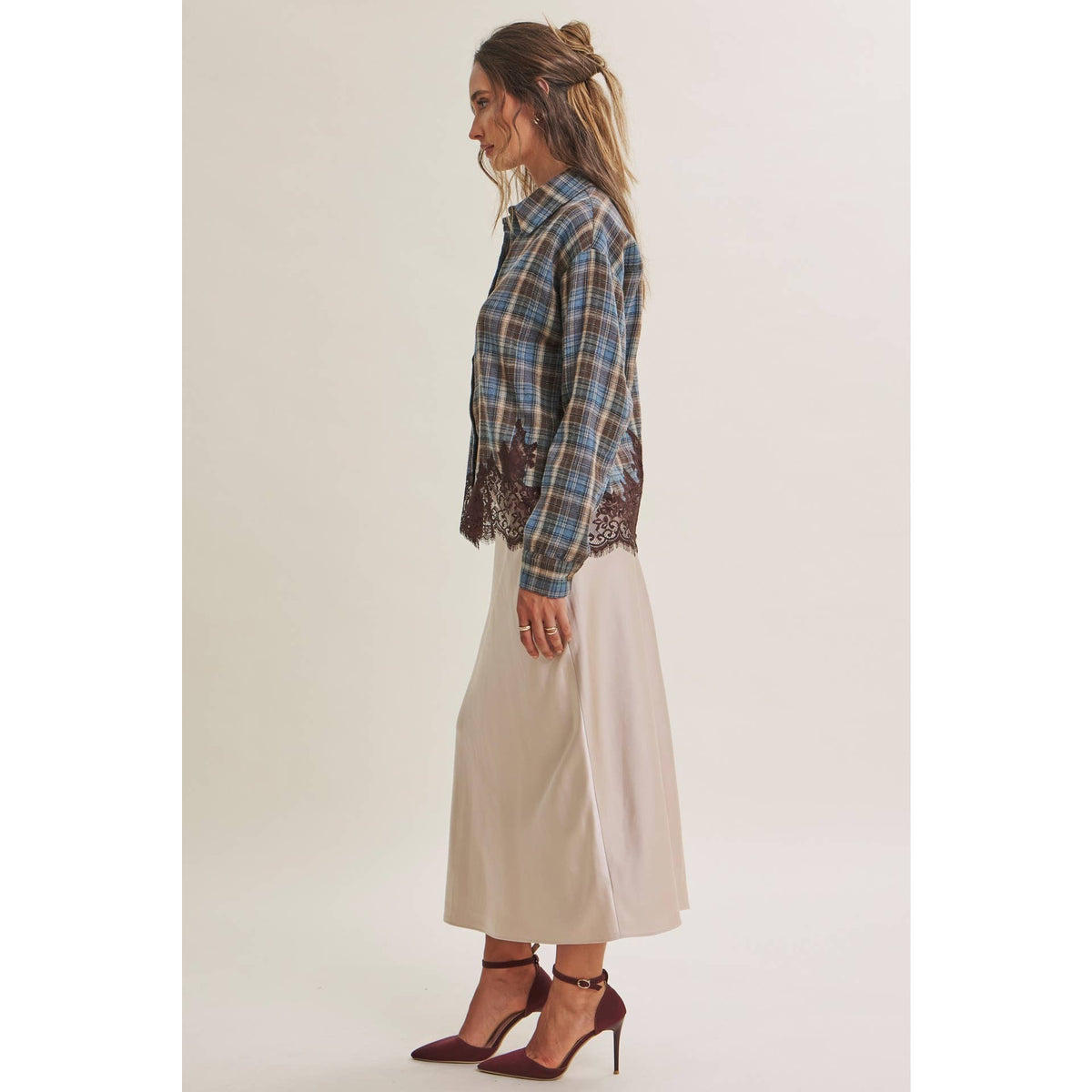 WESTERN ROMANTIC PLAID EYELASH LACE HEM BUTTON-DOWN SHIRT