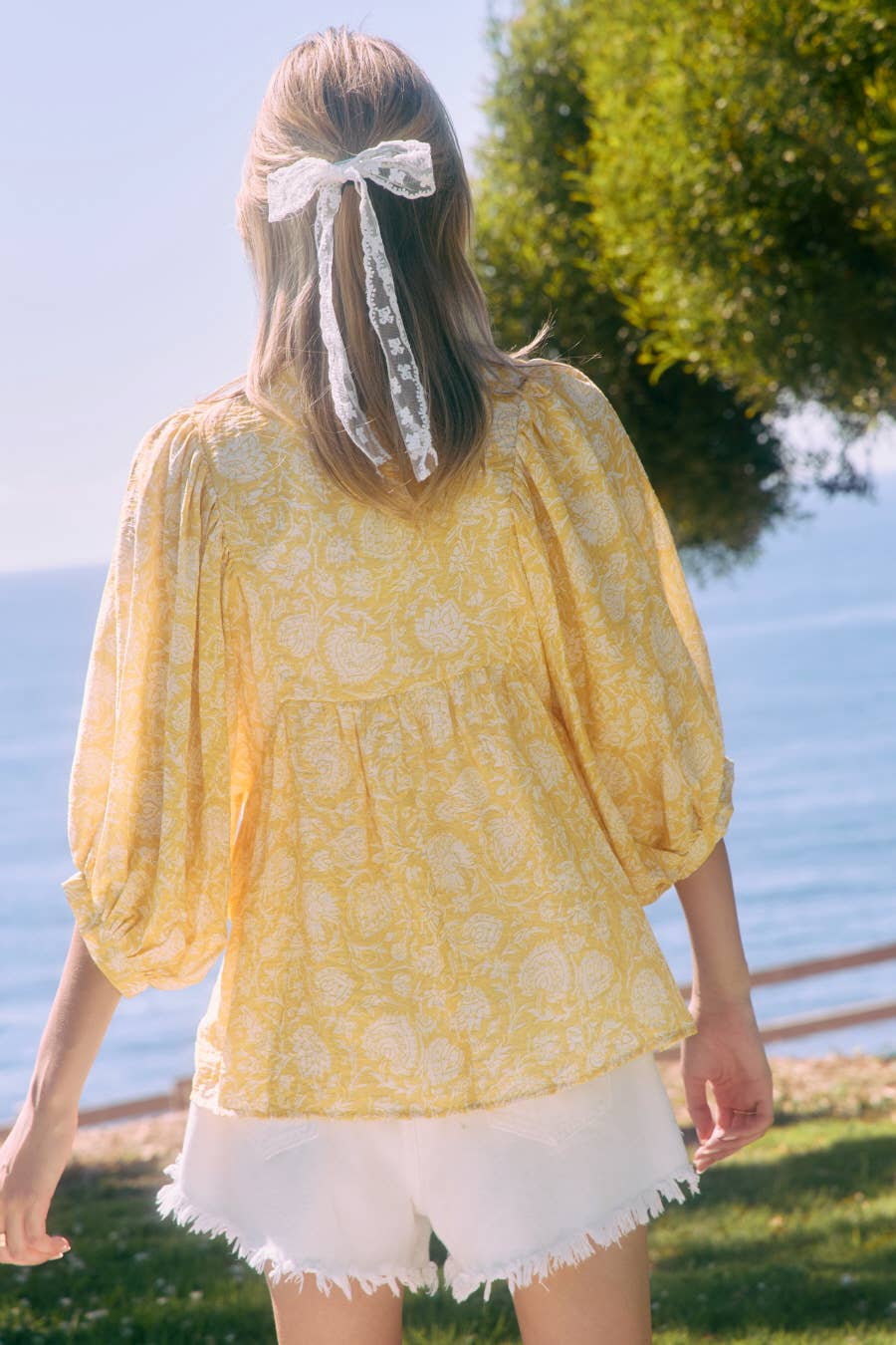 Walking on Sunshine Peasant Top-Lemon Yellow/White